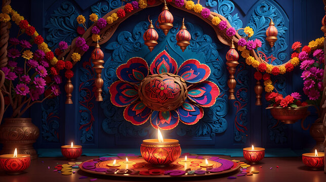 Happy Diwali Celebration Background decorated with candle, lamp, and diyas. Hindu Festival Deepawali Greeting Cards banner template