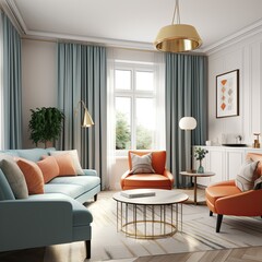 modern classic stylish living room vibrant color furniture and curtain accent home interior daylight cosy comfort beautiful house background