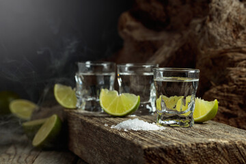 Tequila with salt and lime slices.
