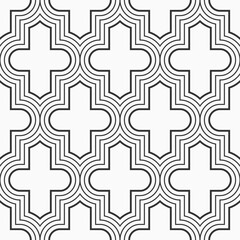 Arabic geometric seamless pattern. Quatrefoil vector pattern. Lattice pattern. Oriental traditional pattern with repeated mosaic tiles. Moroccan crosses motif. Black and white vector background.