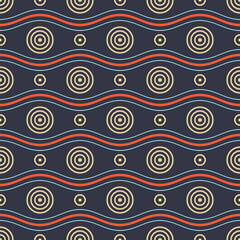 Seamless vector pattern with small circles, dots and wavy lines. Beige, orange, blue colors. Color vector geometric background.