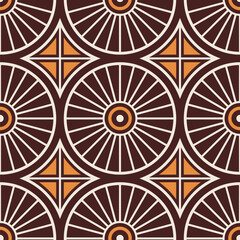 Seamless geometric vector pattern with circles, rhombuses. Vintage pattern design. White, orange, brown colors. Color vector background for textile, fabric, design. Vector illustration.