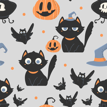 Cute Halloween cats, bat and pumpkin vector cartoon seamless pattern background for wallpaper, wrapping, packing, and backdrop.