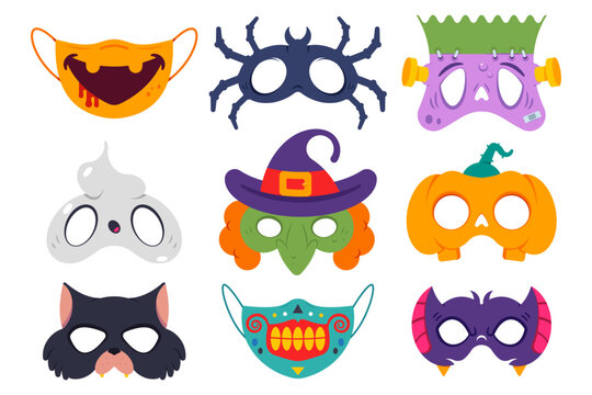 Halloween masks vector cartoon set isolated on a white background.