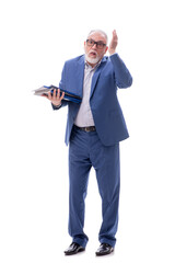 Old boss holding heavy pile isolated on white