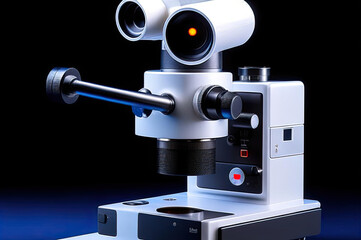 Fototapeta na wymiar medical microscope. a medical microscope with lenses for inspections stands on the table. AI GENERATE