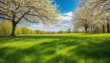 Blurred Nature Backdrop with Trimmed Lawn and Trees