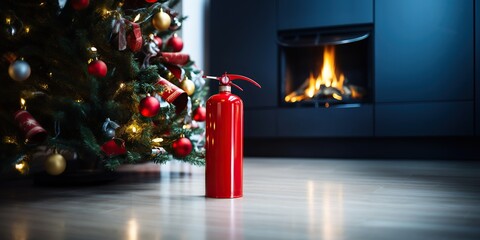 Red fire extinguisher stands on the floor near the christmas tree, concept of Holiday decoration - obrazy, fototapety, plakaty