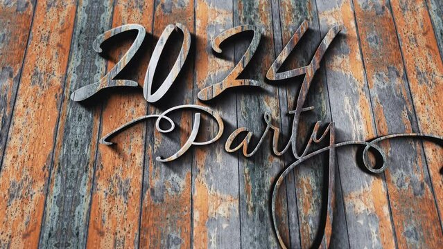 2024 Party Happy New Year 3D wood text texture cinematic title abstract background. Ending cover for end scence trailer winter snow, Christmas and New year event background