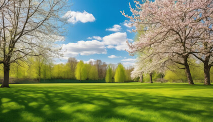 Neat Lawn and Trees Against a Blue Sky with Clouds