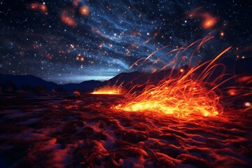 Fototapeta na wymiar blazing flames under starry sky. Generative AI