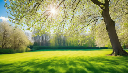 Obraz premium Neat Lawn, Trees, and Blue Sky with Clouds