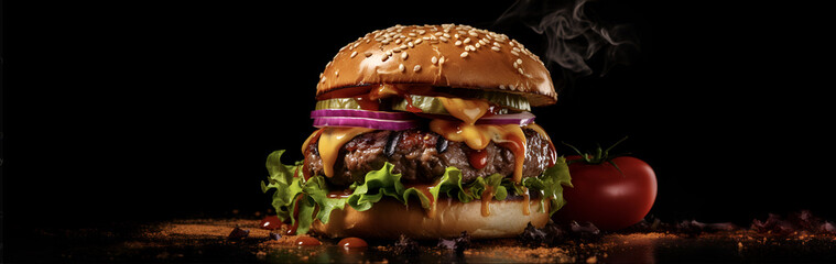 close-up of delicious hamburger with melting cheese vegetables, tomato, lettuce, onion and fries aside. Banner with black background and copy space.