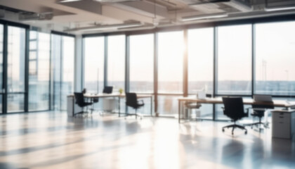 Fototapeta premium Blurred Office with Expansive Windows and Cityscape