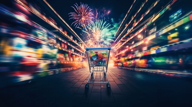 shopping cart in shop alley with colorful, neon, vivid shelvs and exploding fireworks against dark sky. Black Friday sale promotions concept.