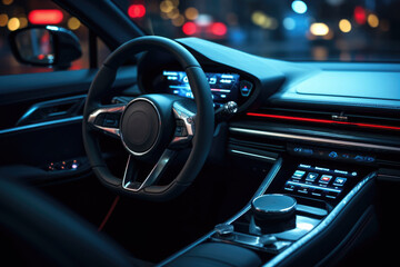 A detailed close-up of a steering wheel in a car. This image can be used to illustrate concepts related to driving, transportation, automotive industry, or car safety.