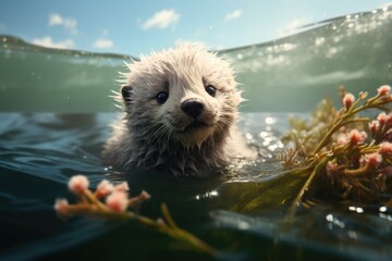 A cute baby sea otter swimming gracefully in the water. This image can be used to depict the beauty of marine life and the playful nature of otters.