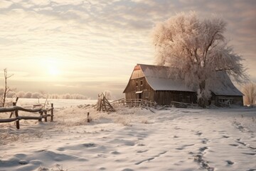 A picturesque barn stands in the middle of a snow-covered field. This image captures the beauty of a winter landscape. Perfect for winter-themed projects or rural scenery. - obrazy, fototapety, plakaty