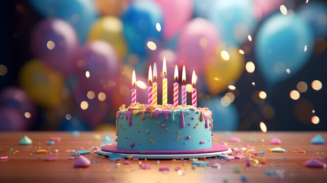 Tarta de cumplea&ntilde;os color pastel con globos de fondo