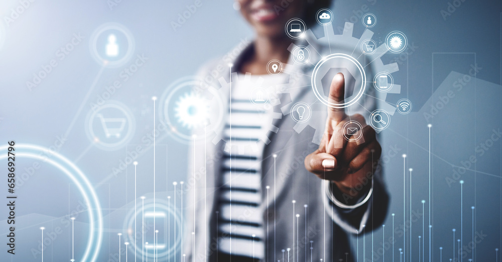 Leinwandbilder gear icon, hologram and woman hand touch for digital setting for help and information technology for