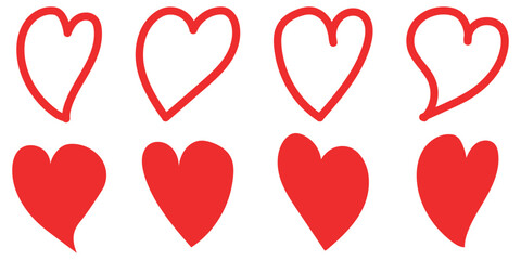 Vector set of hand drawn hearts. Red heart icons set on white background.