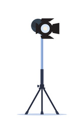 Cinema spotlight. Lamp projector on a tripod. Light source, studio lighting. Equipment for filming. Vector illustration.