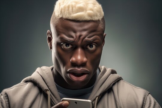 A man with a distinctive white mohawk hairstyle is seen looking intently at his cell phone. This image captures the modern lifestyle and the use of technology in everyday life. It can be used to illus