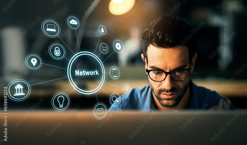 Poster Business man, computer and icons hologram for network, integration system and application in night overlay. Software programmer with information technology, digital design or cloud computing solution