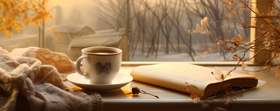 Autumn mood composition with a book and a cup of coffee, autumn leaves and folded fabric