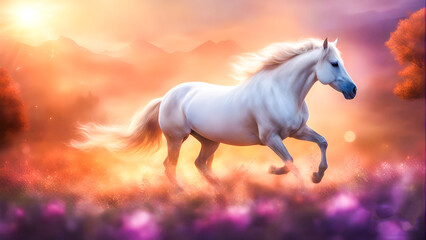 Obraz na płótnie Canvas White Arabian Horse Running in Freedom Through the field of beautiful flowers and plants at sunset wallpaper