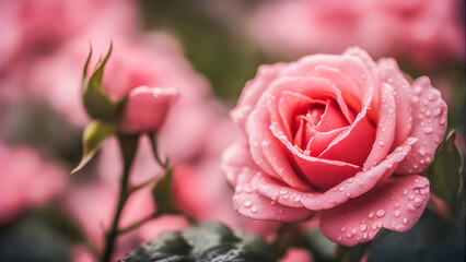 macro photography of a pink Rose and rain drops on the leaves of rose