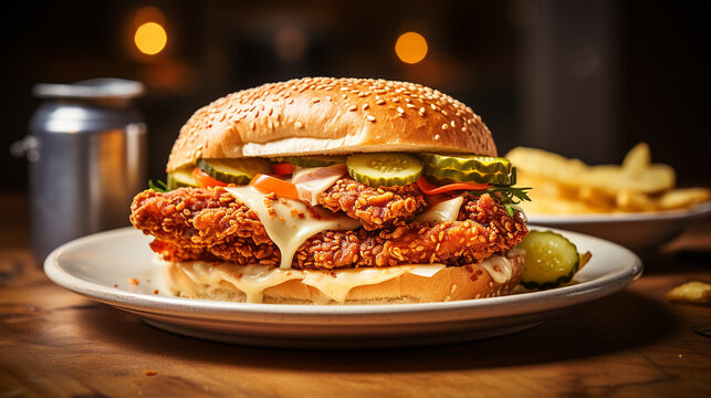 Fried chicken sandwich with pickles and cheese on neutral background, Close-up Shot, created with Generative AI