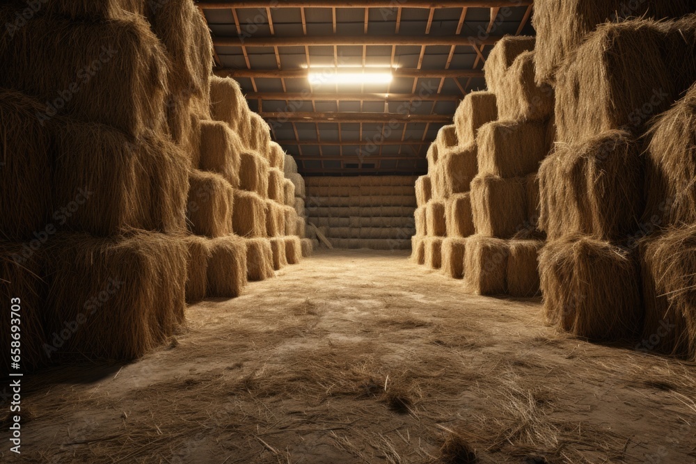 Poster a barn filled with lots of bales of hay. this image can be used to depict a rural farm setting or fo