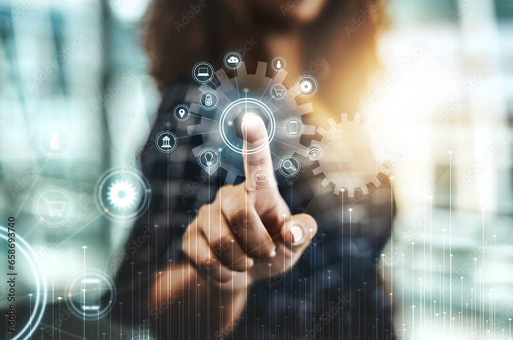 Poster gear icon, media hologram and woman hand touch for digital setting for help and information technolo