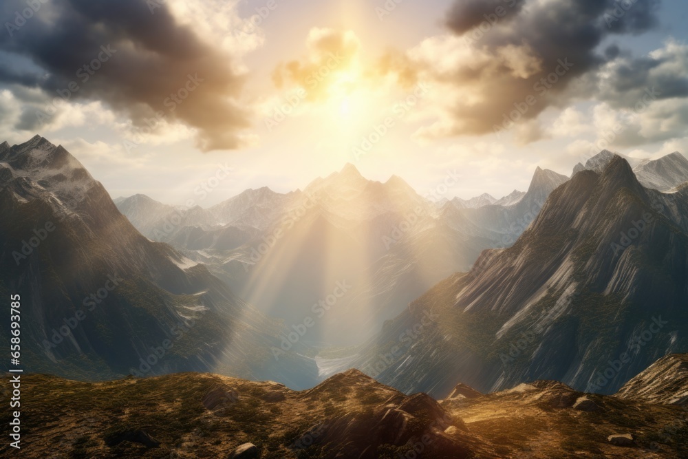Poster the sun shines through the clouds, creating a beautiful and dramatic scene over the mountains. perfe