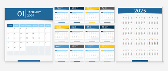 Calendar 2024, calendar 2025 week start Monday corporate design template vector. - obrazy, fototapety, plakaty