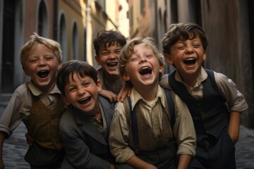 Fototapeta premium A group of children laughing and having a great time. Perfect for capturing the joy and happiness of childhood. Ideal for use in advertisements, brochures, and websites targeting families and children