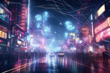 A vibrant city street illuminated by neon lights at night. Perfect for capturing the bustling energy and nightlife of urban areas. Ideal for use in travel guides, cityscape articles, or advertisements - obrazy, fototapety, plakaty