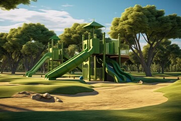 A vibrant green playground with a slide in the middle. Perfect for children to enjoy outdoor playtime. Can be used for educational materials, parenting blogs, or advertisements promoting family-friend