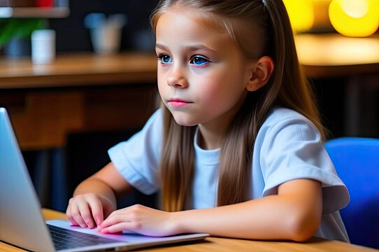 girl sitting at a laptop. little girl sits in a cafe at a laptop and watches cartoons .AI GENERATE