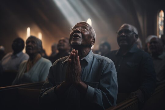 A picture of a man in prayer inside a church. This image can be used to depict religious devotion and spirituality.