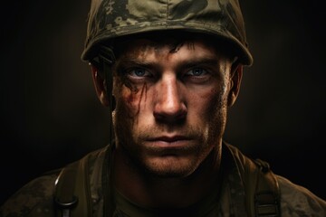 A close up view of a person wearing a helmet. This image can be used to depict safety, protection, or work-related activities.