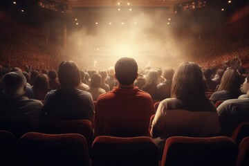 A group of people sitting together in front of a stage. This image can be used to depict an audience, spectators, or attendees at a concert, performance, conference, or any live event. - obrazy, fototapety, plakaty