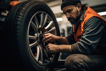 Tire shop worker changing a car wheel - obrazy, fototapety, plakaty