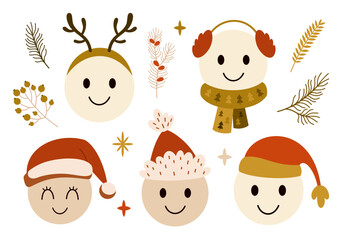 Funny Christmas emoji, smiley, emoticon, festive characters. Seasonal Holiday clipart set. Hand drawn vector illustration in cartoon style