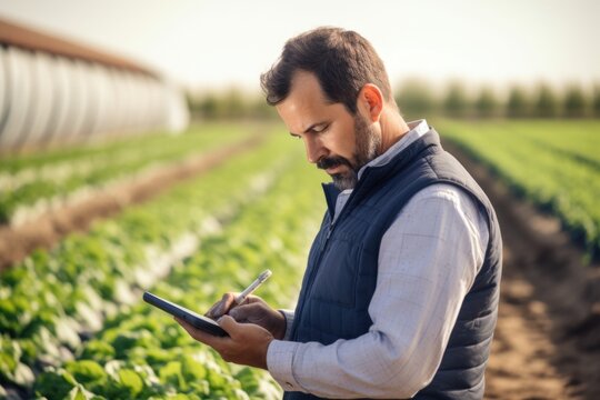 A man standing in a field with a tablet. This image can be used to represent technology in nature or for concepts related to outdoor work or leisure activities.