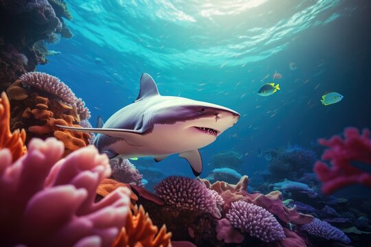 A shark gracefully glides over a vibrant coral reef. This image captures the beauty and diversity of marine life. Perfect for educational materials or travel brochures featuring underwater ecosystems.