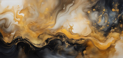 Luxury abstract fluid art painting in alcohol ink technique, mixture of bright colors and gold paints. Imitation of marble stone cut, glowing golden veins. Tender dreamy design. Generative AI.