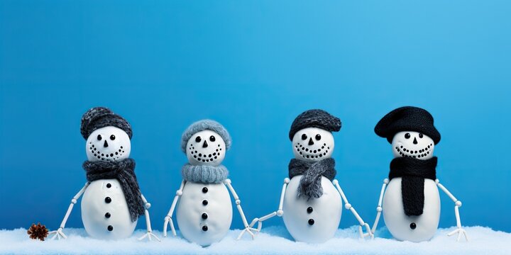 Skeleton made of snowmen on a blue background, concept of Frozen sculpture