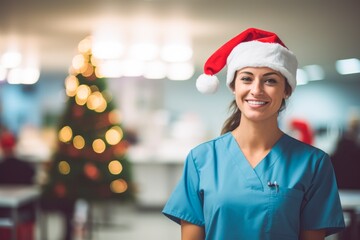 Smiling portrait of a woman doctor wearing a santa hat , working in a hospital decorated for christmas and new year holidays, christmas tree in the background